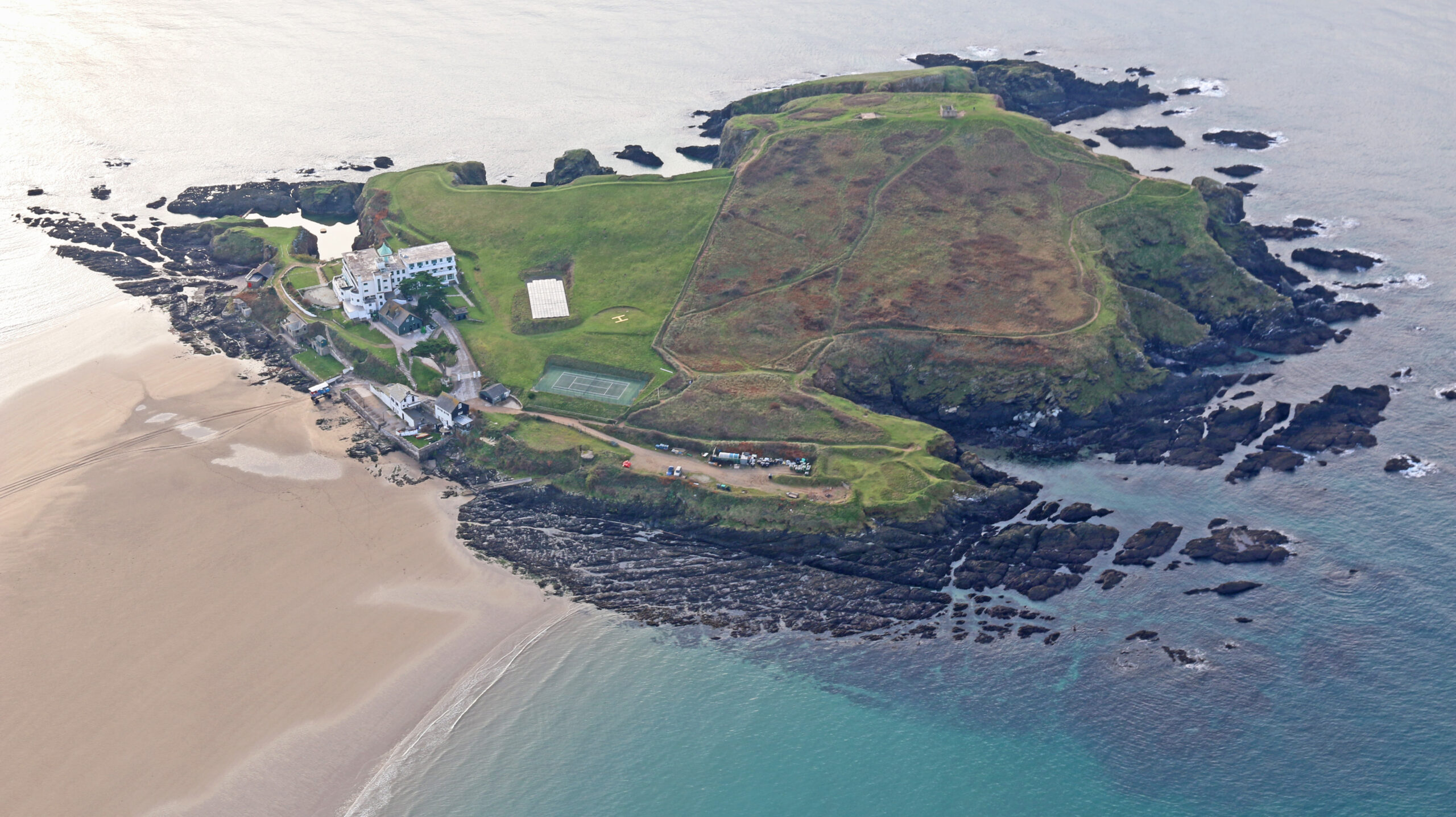 Aerial view of Burgh Island and Bigbury Bay