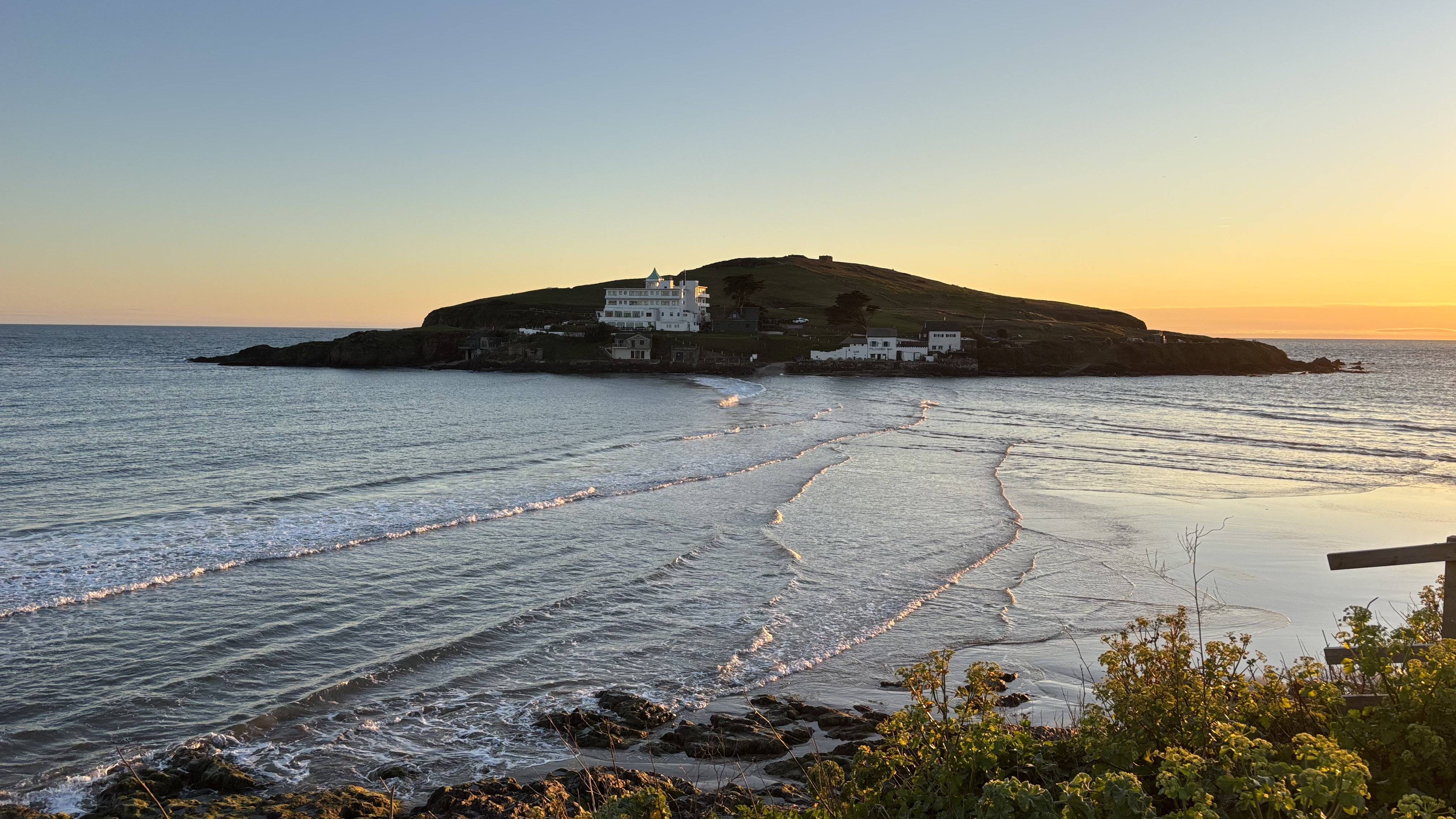 Evening light over Burgh Island during a supported swim